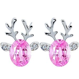 Silver & Pink Crystal Reindeer Stud Holiday Earrings New